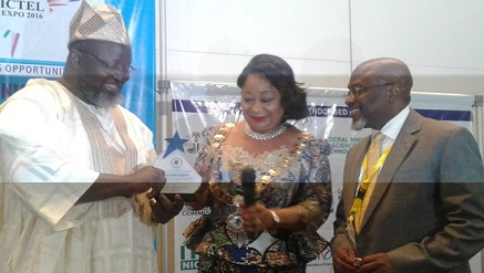 (L-r): Barrister Adebayo Shittu, minister of Communications receiving an award of participation from Dr. (Mrs) Nike Akande, president of LCCI in company of Sola Oyetayo, vice president and chairman, Trade Promotion Board, Lagos Chamber of Commerce & Industry, during 2016 Information Communication Technology & Telecommunication Expo (2016 ICTEL EXPO) organized by the Lagos Chamber of Commerce and Industry (LCCI) at the Eko Hotel & Suites, Victoria Island, Lagos, on Tuesday.